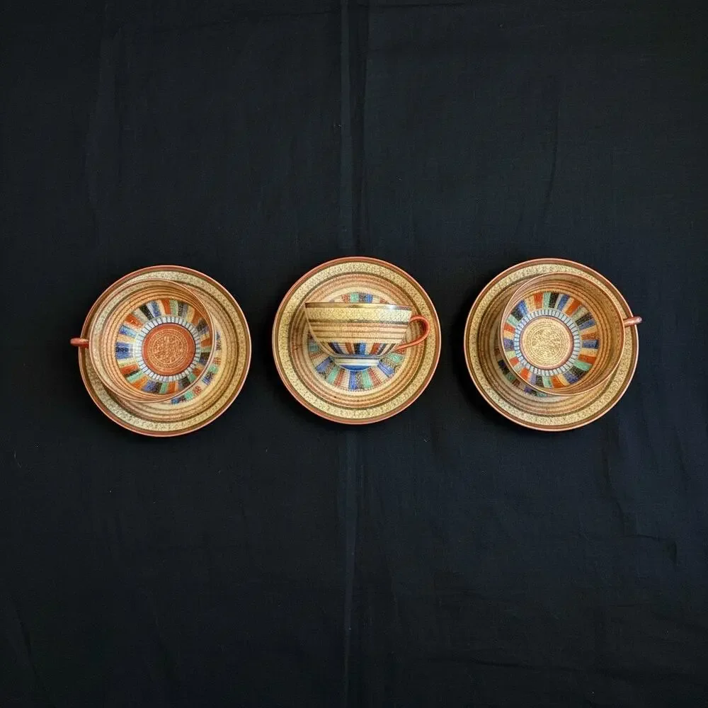Antique Japanese 1000 Faces Porcelain Tea Cups & Saucers-Set of 3-Art Deco-Asian
